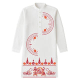 Bodhu Boron wedding kurta in premium cotton featuring red Palki, Shankh, and Kalash motifs on white fabric. Ideal for traditional Bengali weddings.
