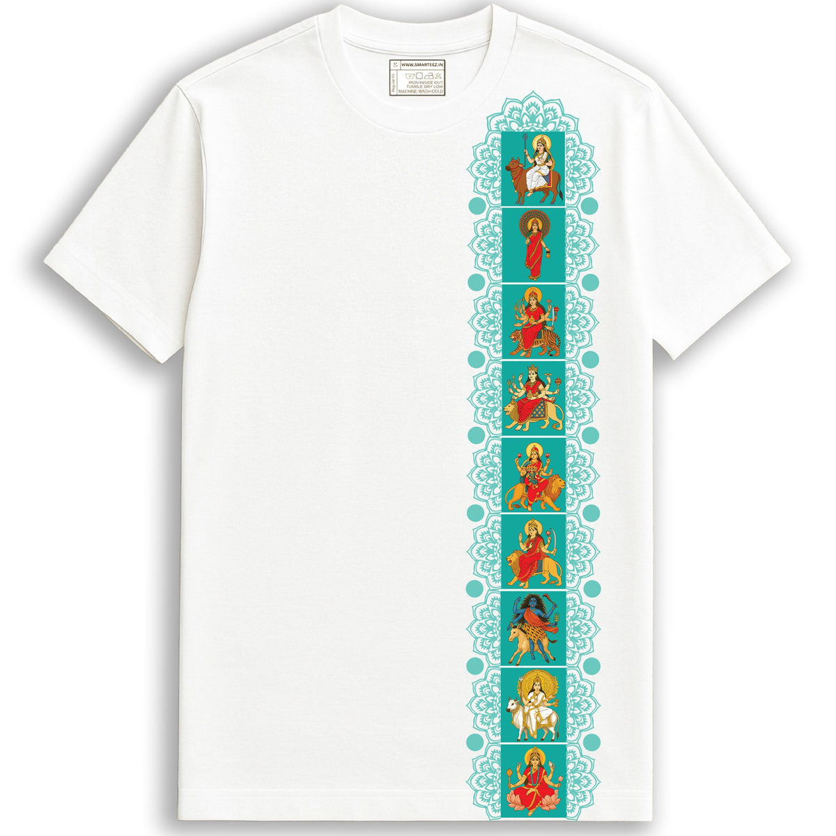 Navadurga T-shirt product specs — 100% cotton, high definition print, unisex regular fit, white tee