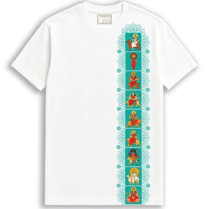 Navadurga T-shirt product specs — 100% cotton, high definition print, unisex regular fit, white tee