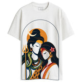 White Gauri Shankar oversized T-shirt featuring bold flat-illustration Shiva and Parvati artwork in an arched frame