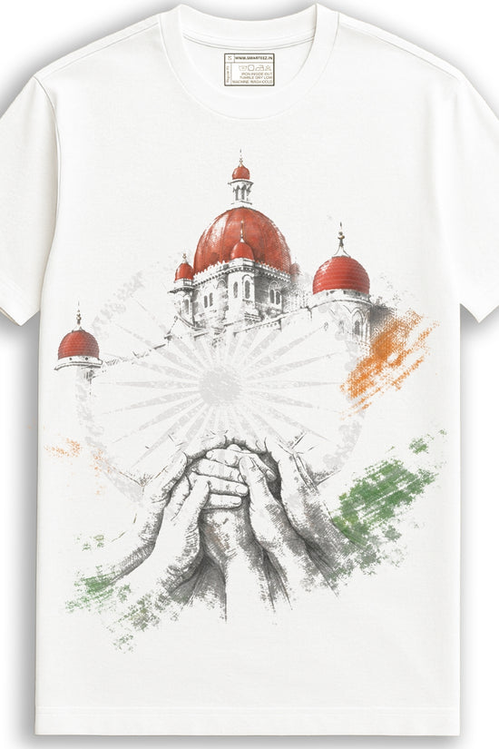 Hands of Unity - India Tshirt featuring a patriotic graphic of joined hands, Ashoka Chakra, and Indian monument on a white 100% cotton unisex tee.