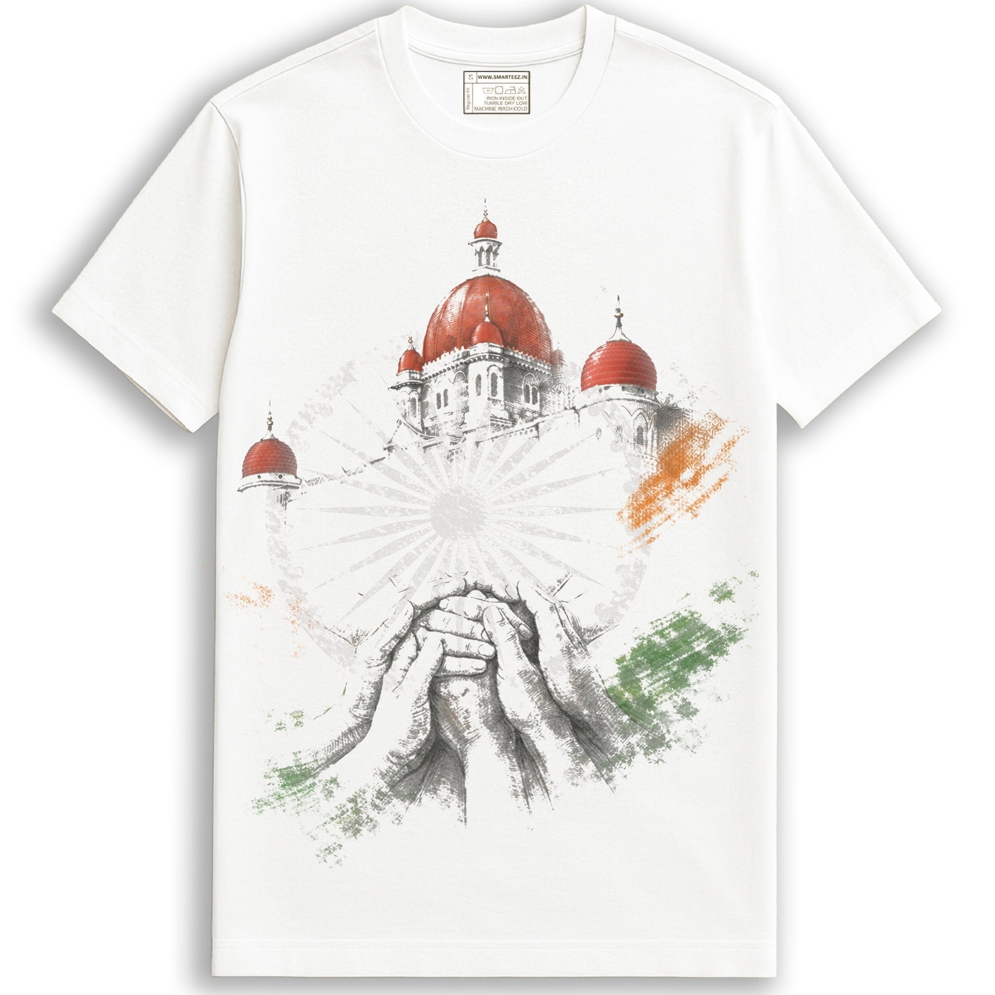 Hands of Unity - India Tshirt featuring a patriotic graphic of joined hands, Ashoka Chakra, and Indian monument on a white 100% cotton unisex tee.