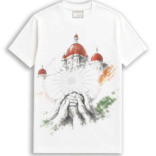 Hands of Unity - India Tshirt featuring a patriotic graphic of joined hands, Ashoka Chakra, and Indian monument on a white 100% cotton unisex tee.