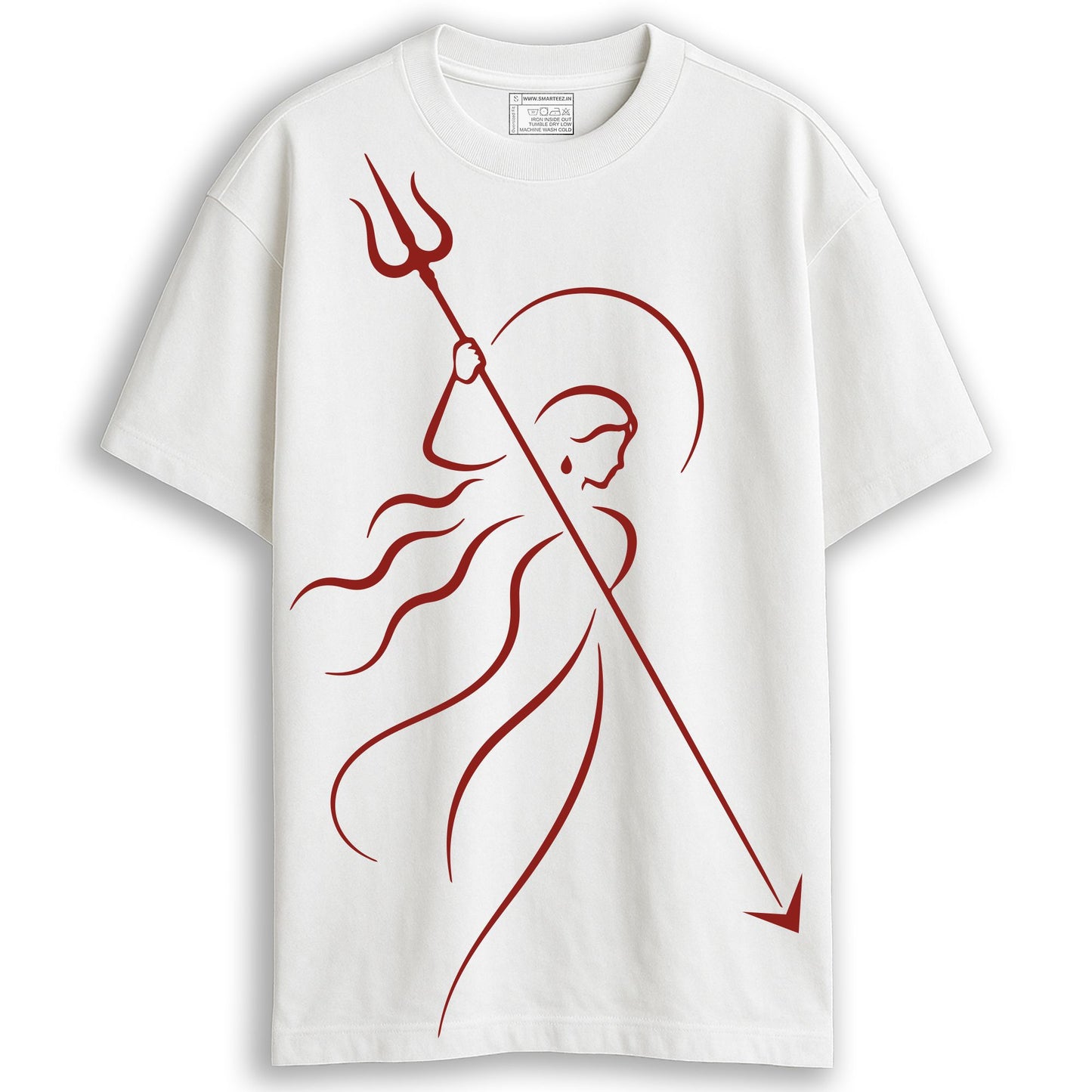 Ma Durga minimalist trishul line art oversized T-shirt front view — crimson line art on white cotton, Durga Puja 2026
