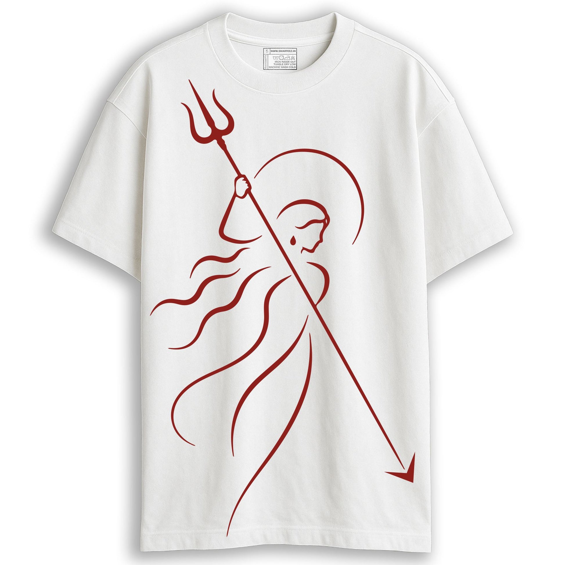 Ma Durga minimalist trishul line art oversized T-shirt front view — crimson line art on white cotton, Durga Puja 2026