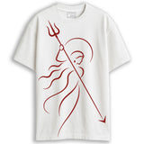 Ma Durga minimalist trishul line art oversized T-shirt front view — crimson line art on white cotton, Durga Puja 2026