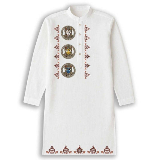 White cotton Kurta with Jagannath, Balabhadra, Subhadra print for men