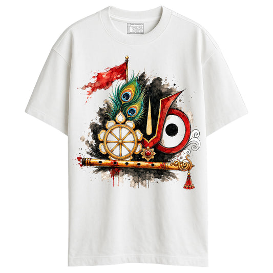 Lord Jagannath watercolour art oversized t-shirt in white with Sudarshana Chakra, peacock feathers, bansuri and red dhwaja print
