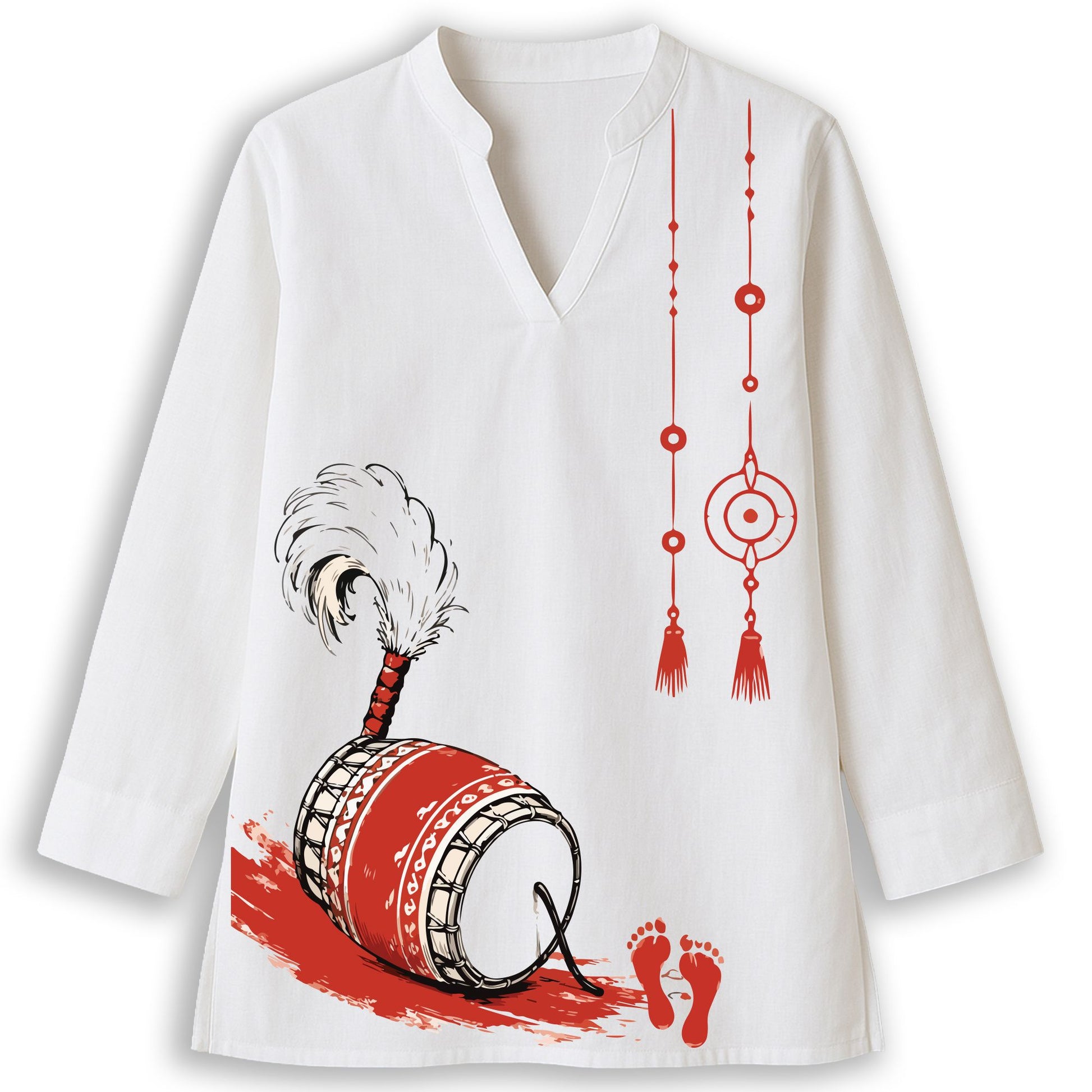 Durga Puja Dhak print white cotton short kurti front view — dhakis and festive motif print on women's kurti, Durga Puja 2026 by Smarteez