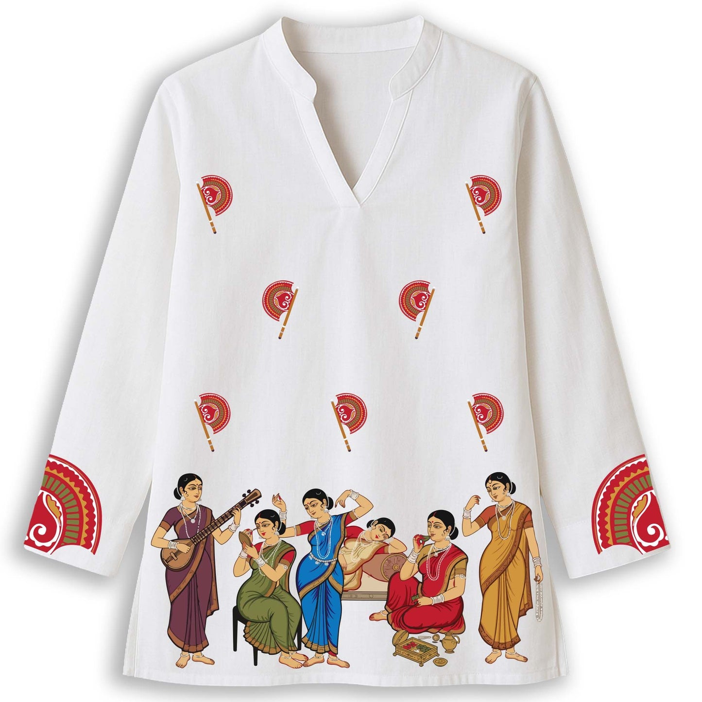 Mahila Mahal Kurti — Kalighat Folk Art on White Short Kurti