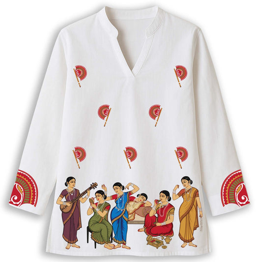 Mahila Mahal Kurti — Kalighat Folk Art on White Short Kurti