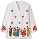 Mahila Mahal Kurti — Kalighat Folk Art on White Short Kurti