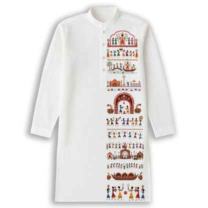 Durga Puja Warli Art Panjabi flat lay, full white cotton kurta with Warli folk art print of Puja rituals down the placket