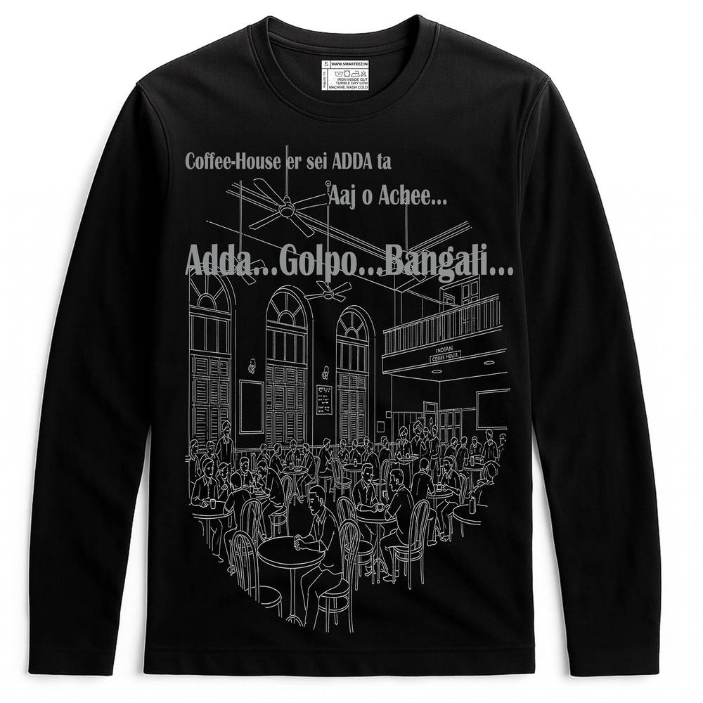 Coffee House T-Shirt - Song Inspired | Bengali Full Sleeves tee featuring nostalgic adda scene with typography from iconic Bengali song.