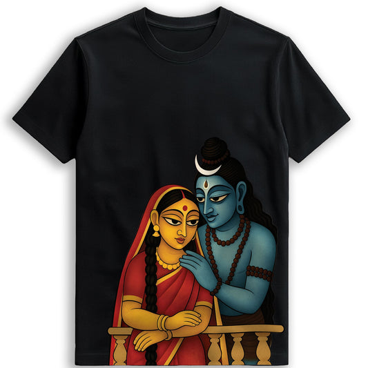 Shiva-Parvati Bengali couple T-shirt product specs infographic — 100% cotton, high definition print, high quality stitching, made in India, black tee