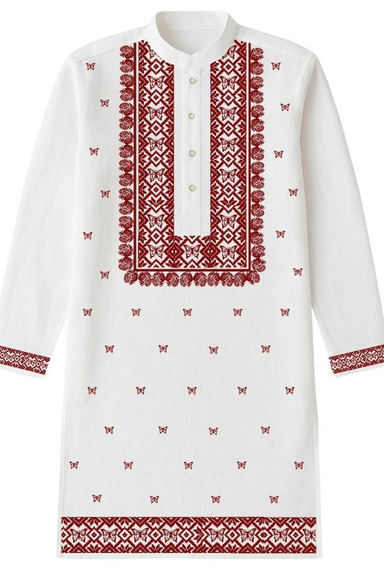 Utsav Buti Kurta in white cotton with red Bengali style print, ideal for weddings and festive occasions. Traditional Panjabi design for men.