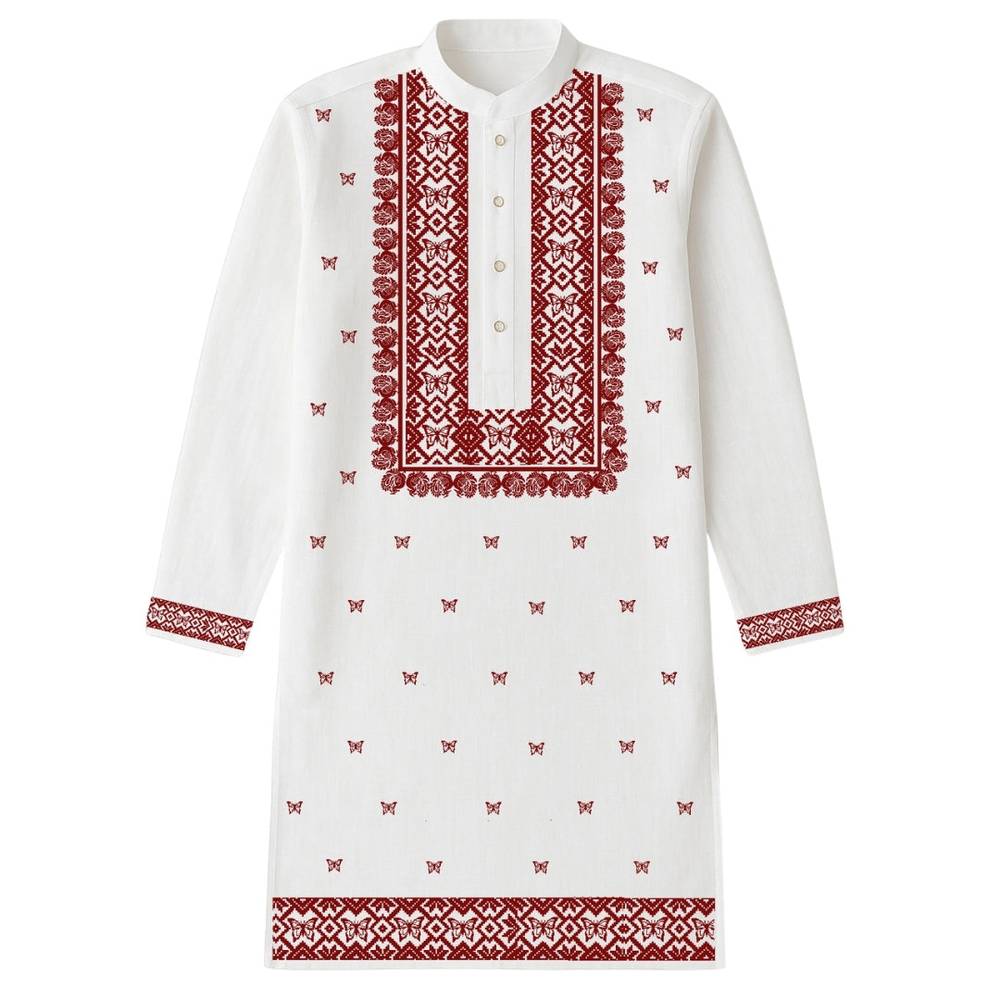 Utsav Buti Kurta in white cotton with red Bengali style print, ideal for weddings and festive occasions. Traditional Panjabi design for men.