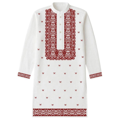 Utsav Buti Kurta in white cotton with red Bengali style print, ideal for weddings and festive occasions. Traditional Panjabi design for men.