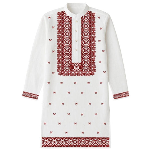 Utsav Buti Kurta in white cotton with red Bengali style print, ideal for weddings and festive occasions. Traditional Panjabi design for men.