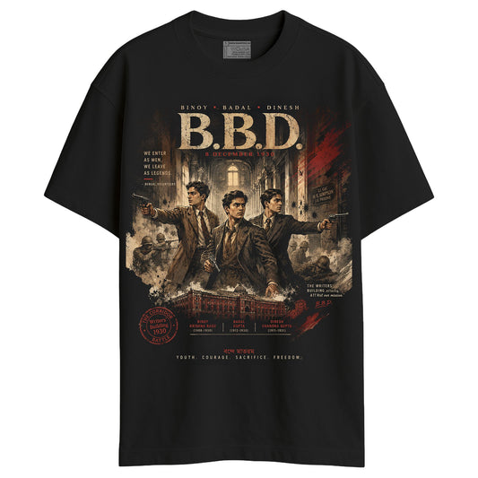 B.B.D. oversized T-shirt in black cotton — Binoy Basu, Badal Gupta, Dinesh Gupta portrait print of the 1930 Writers' Building attack, Bengal freedom fighter tribute tee