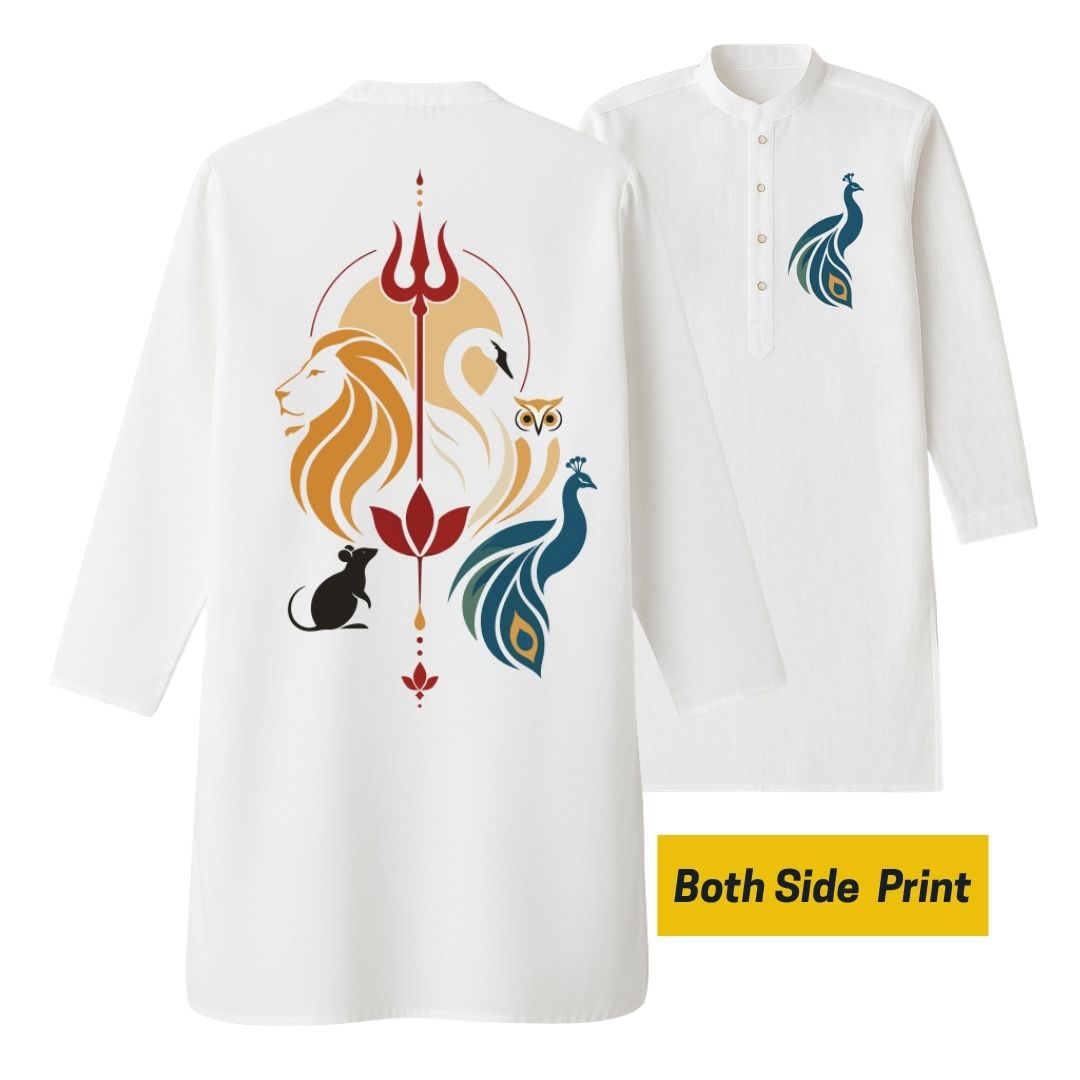 Panchadevta Vahana Panjabi front and back view, white cotton kurta with peacock chest print and five vahanas back print, both side print