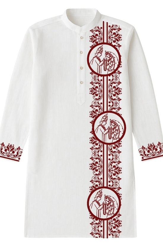 Subho Drishti Wedding Kurta in premium cotton with traditional Bengali artwork and maroon embroidery, ideal for men’s wedding and festive wear.