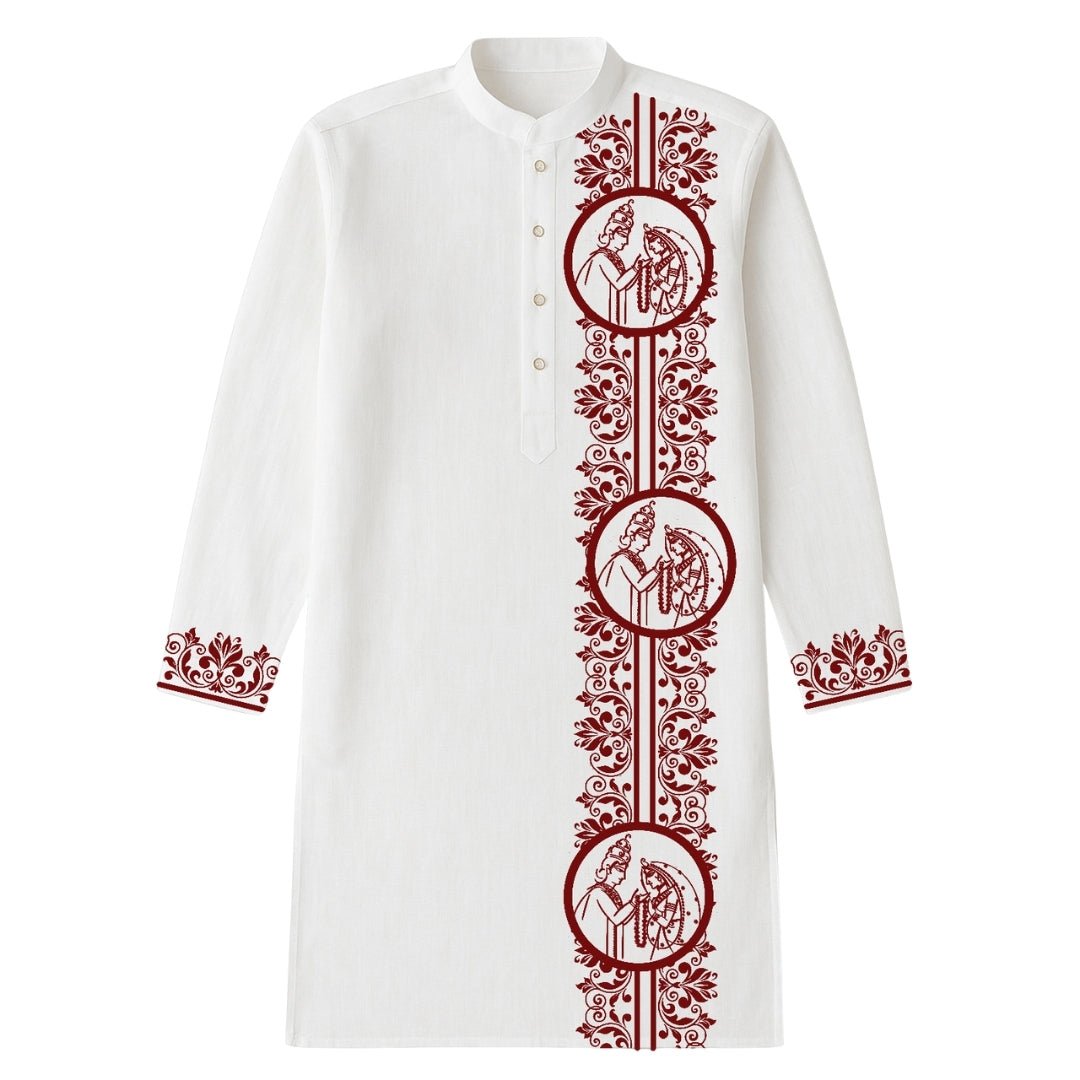 Subho Drishti Wedding Kurta in premium cotton with traditional Bengali artwork and maroon embroidery, ideal for men’s wedding and festive wear.