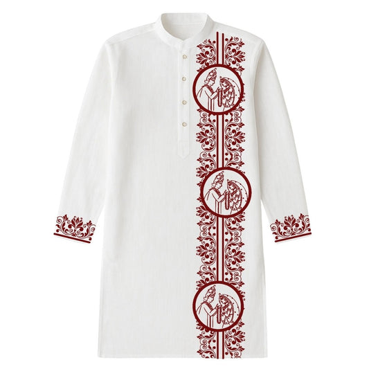 Subho Drishti Wedding Kurta in premium cotton with traditional Bengali artwork and maroon embroidery, ideal for men’s wedding and festive wear.