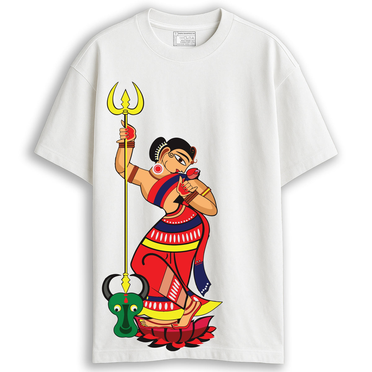 Man wearing Durga Puja t-shirt - Mahishasur Mardini oversized white cotton tee with Kalighat-pat folk art print of Devi