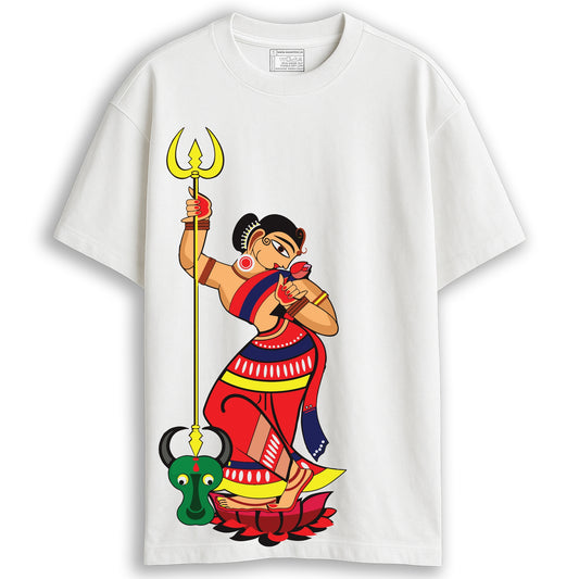 Man wearing Durga Puja t-shirt - Mahishasur Mardini oversized white cotton tee with Kalighat-pat folk art print of Devi
