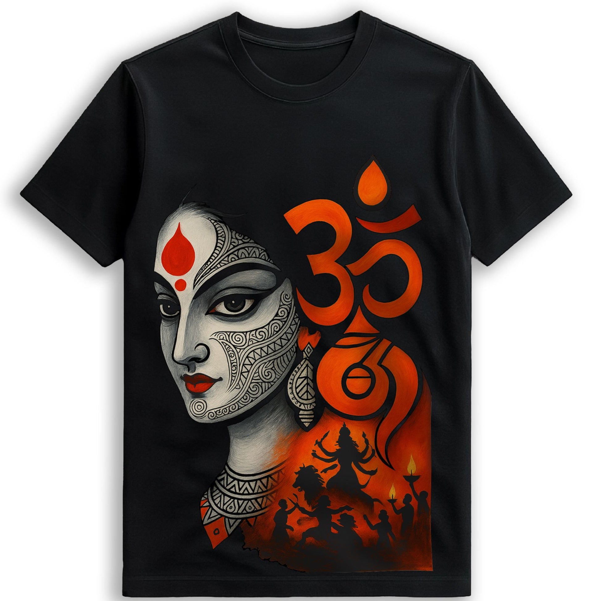 Om Shakti Durga Puja T-shirt front view — divine Maa Durga face art with Om symbol on black cotton, unisex regular fit