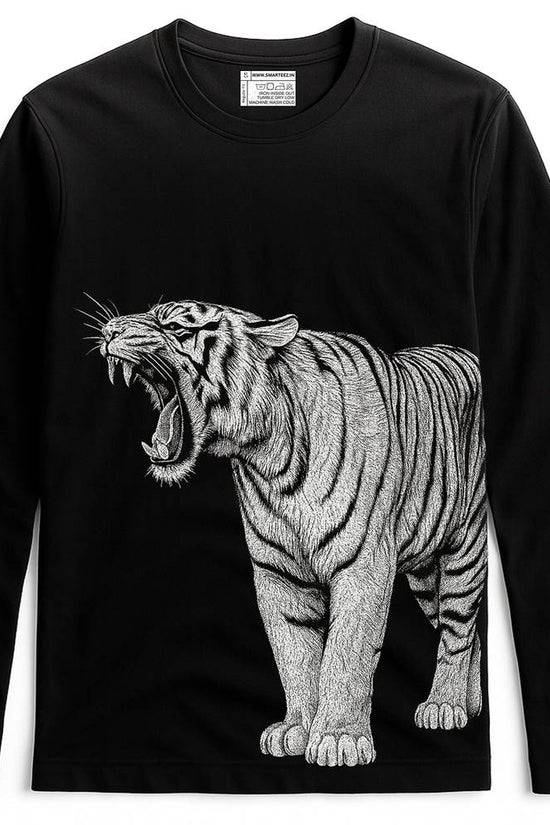 Bengal Tiger T-Shirt - Unisex Design with roaring tiger graphic on black full sleeves cotton fabric, ideal for wildlife lovers and winter wear.