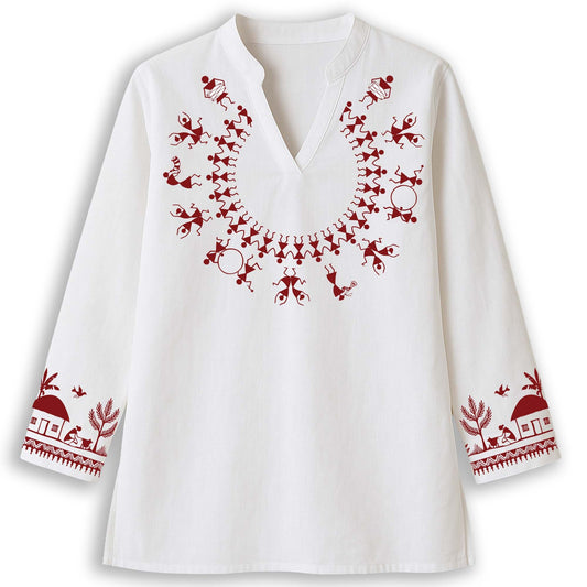 Warli Dance Kurti — Tribal Folk Art Necklace Print on White Short Kurti