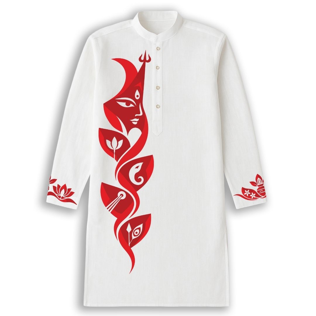 Man wearing Devi and Her Children Panjabi, white cotton kurta with Durga face and four petal motifs for Lakshmi, Saraswati, Ganesha and Kartikeya