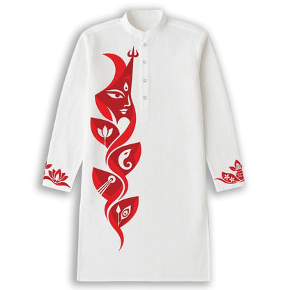 Man wearing Devi and Her Children Panjabi, white cotton kurta with Durga face and four petal motifs for Lakshmi, Saraswati, Ganesha and Kartikeya