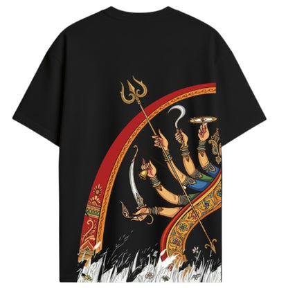 Durga Pattachitra back-print oversized T-shirt — eight-armed Goddess in gold and red arc on black cotton tee, Durga Puja 2026 by Smarteez
