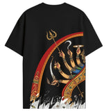 Durga Pattachitra back-print oversized T-shirt — eight-armed Goddess in gold and red arc on black cotton tee, Durga Puja 2026 by Smarteez