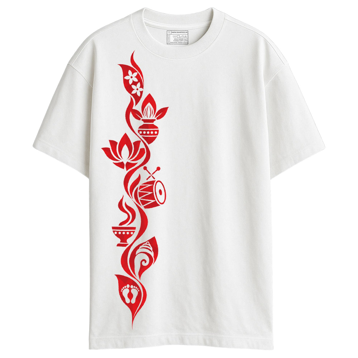 Man wearing Puja Upachar Oversized T-Shirt, white heavyweight cotton tee with terracotta-red vine of Durga Puja ritual symbols