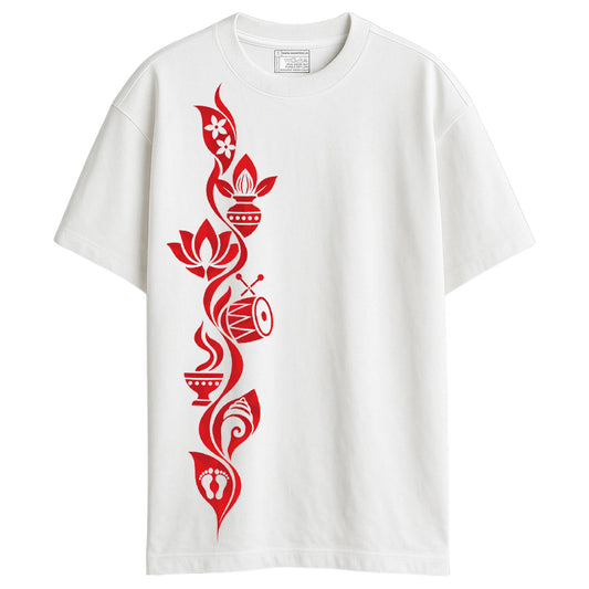 Man wearing Puja Upachar Oversized T-Shirt, white heavyweight cotton tee with terracotta-red vine of Durga Puja ritual symbols
