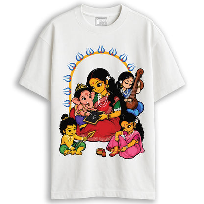 Man wearing Durga Puja t-shirt - Devi Paribar oversized white cotton tee with illustrated Devi family print