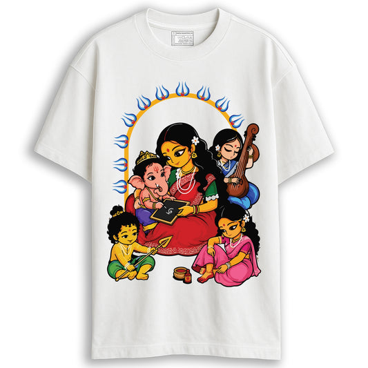 Man wearing Durga Puja t-shirt - Devi Paribar oversized white cotton tee with illustrated Devi family print