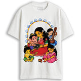 Man wearing Durga Puja t-shirt - Devi Paribar oversized white cotton tee with illustrated Devi family print