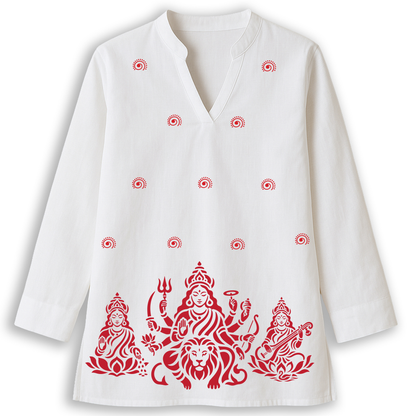 Trishakti - Durga, Lakshmi & Saraswati Print on White Cotton Short Kurti for Women