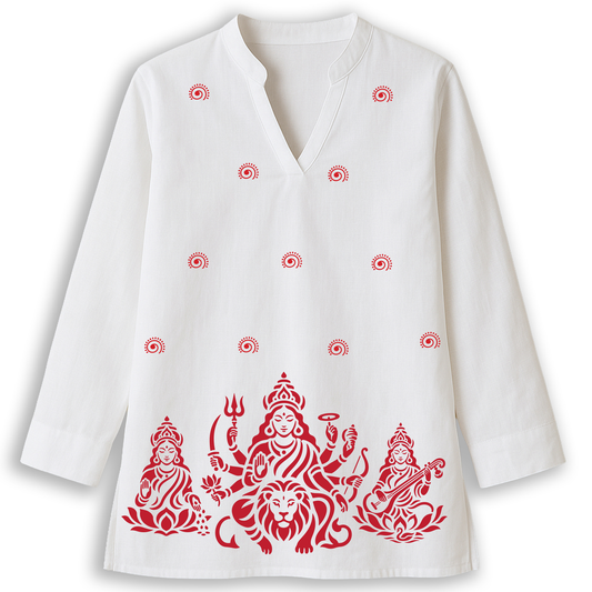 Trishakti - Durga, Lakshmi & Saraswati Print on White Cotton Short Kurti for Women