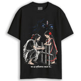 Mon re Krishikaaj Jano Naa black oversized cotton T-shirt, front view with Ramprasad Sen and the young helper fence artwork and Bengali song title, unisex, Kali Puja