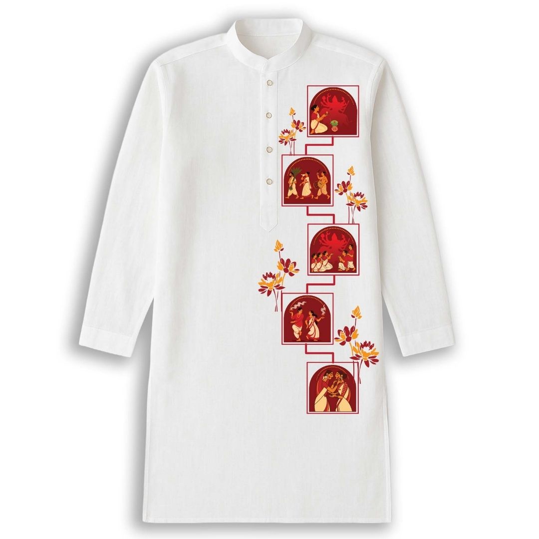 Pujo Scroll Panjabi — Five Moments of Durga Puja Print on White Cotton Panjabi for Durga Puja 2026