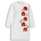 Pujo Scroll Panjabi — Five Moments of Durga Puja Print on White Cotton Panjabi for Durga Puja 2026