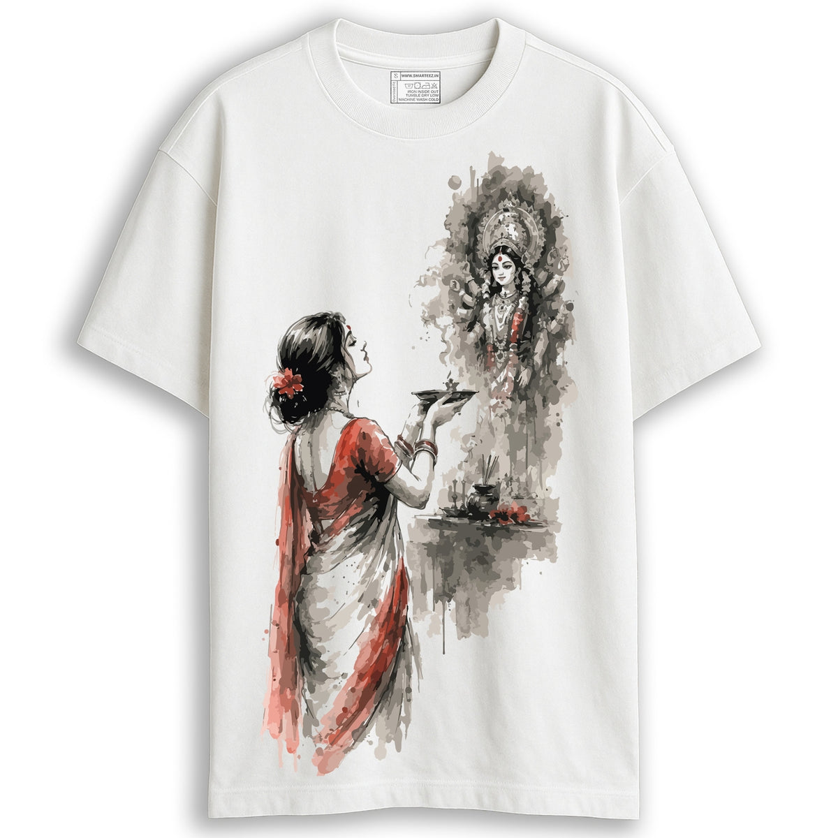 Durga Puja t-shirt - Devi Aarti oversized white cotton tee with watercolor illustration of woman performing aarti