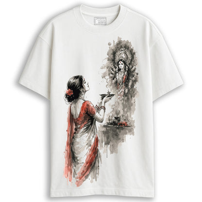 Durga Puja t-shirt - Devi Aarti oversized white cotton tee with watercolor illustration of woman performing aarti