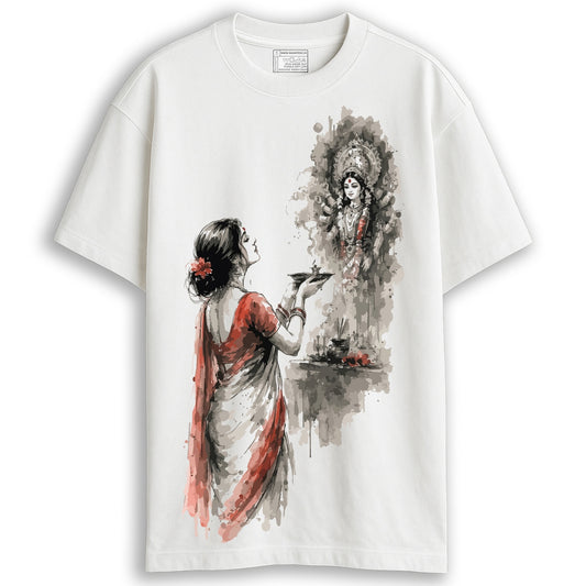 Durga Puja t-shirt - Devi Aarti oversized white cotton tee with watercolor illustration of woman performing aarti